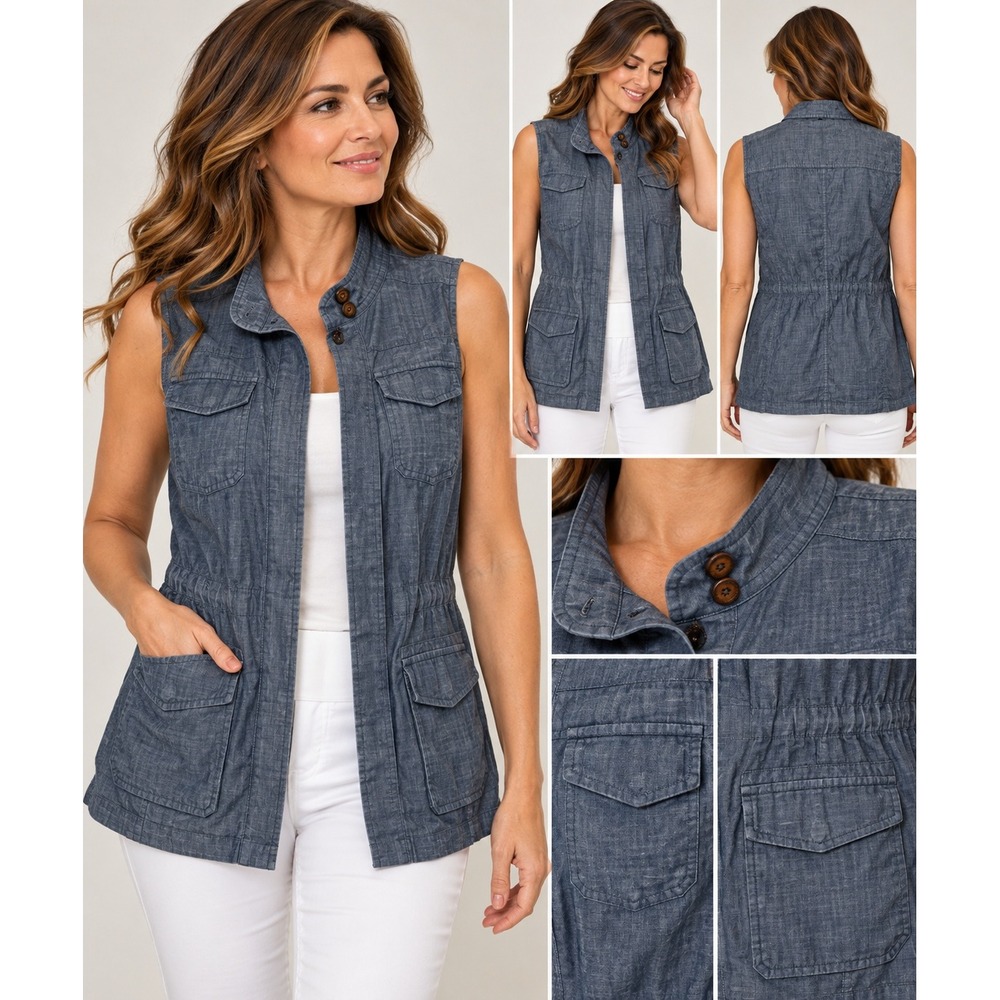 Talbots Woman 1X Blue Chambray Utility Vest Sleeveless 4 Pocket